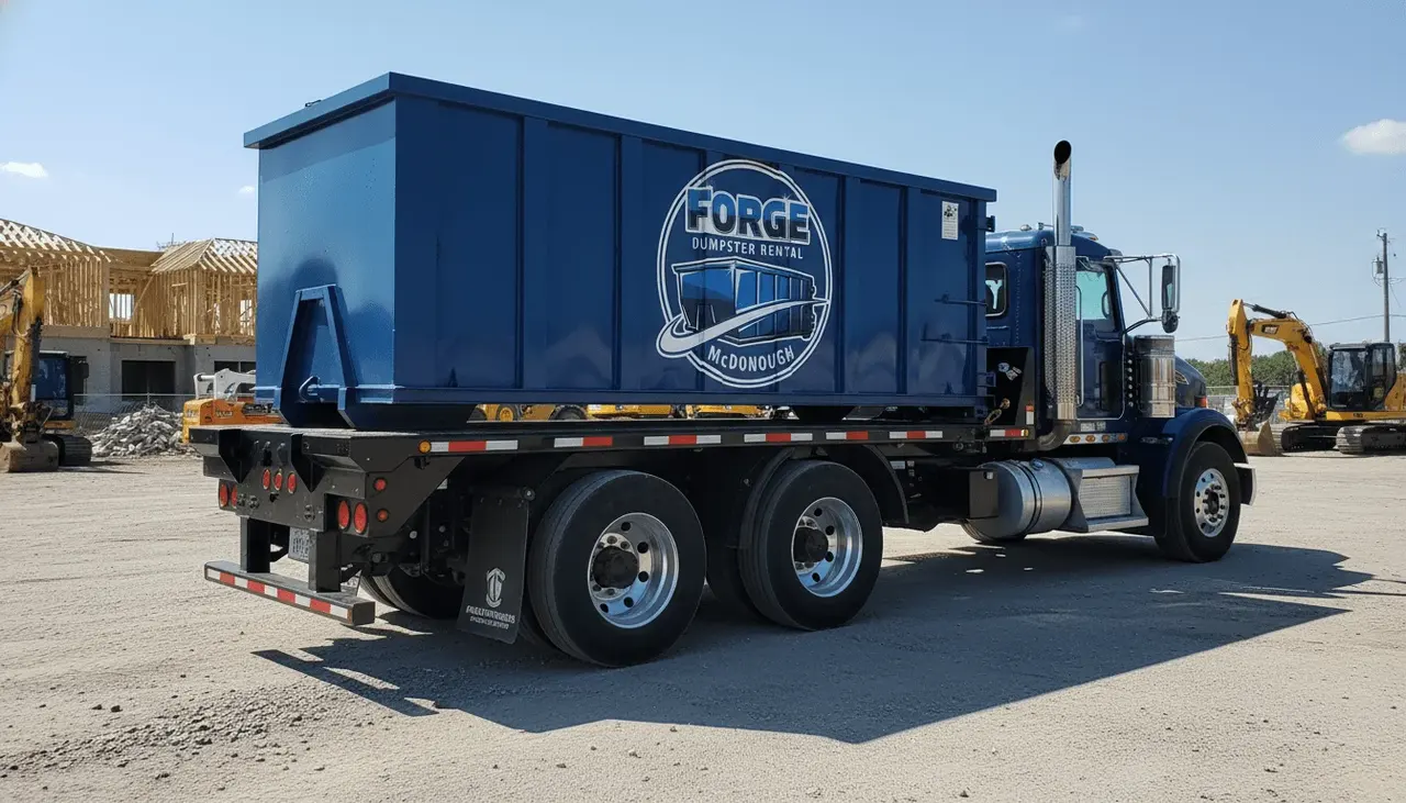 Our dumpster rental process in McDonough Roll-off dumpster on a delivery truck being set on a McDonough, GA property