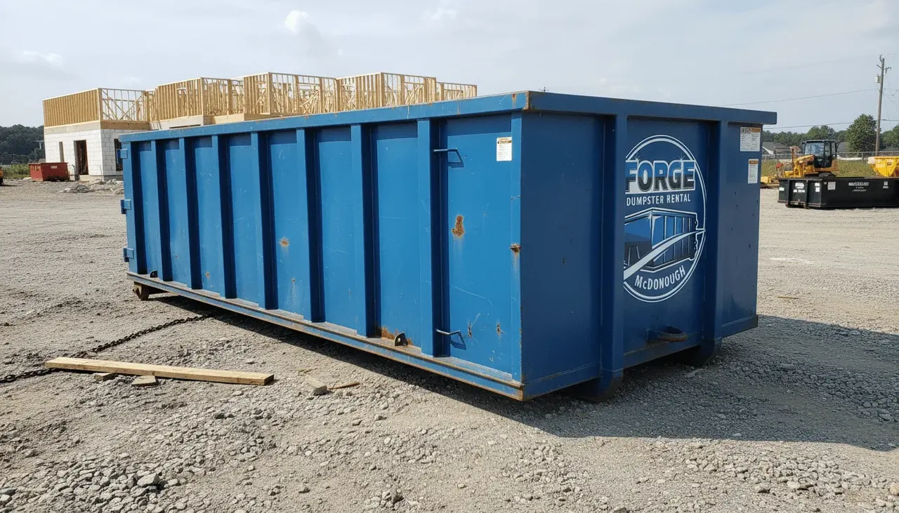 Georgia disposal rules and dumpster loading Blue roll-off dumpster loaded for disposal under Georgia landfill rules in McDonough, GA