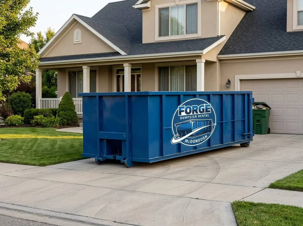 Local dumpster rental in McDonough Forge Dumpster Rental roll-off dumpster delivered to a residential driveway in McDonough, GA