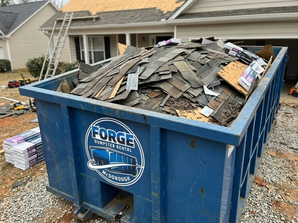 Roofing and heavy debris dumpster rental Dumpster loaded with roofing tear-off debris near McDonough, GA